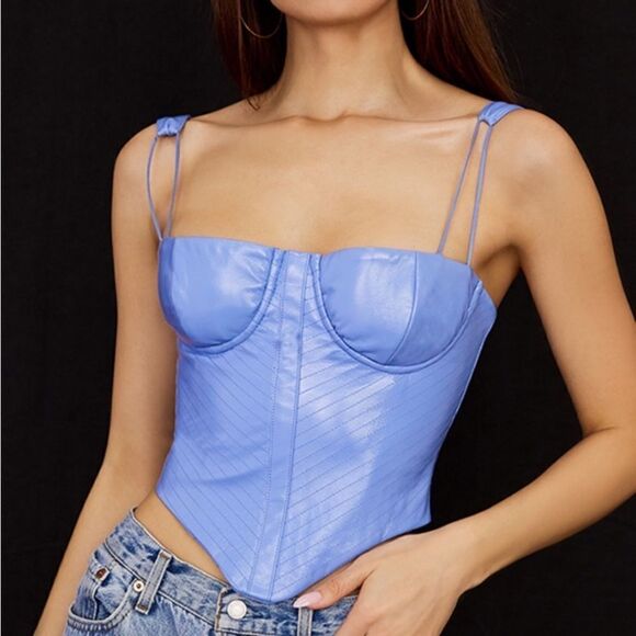 House Of Cb Melissa Vegan Leather Cornflower Blue Crop Top Corset Size XS - Picture 4 of 9
